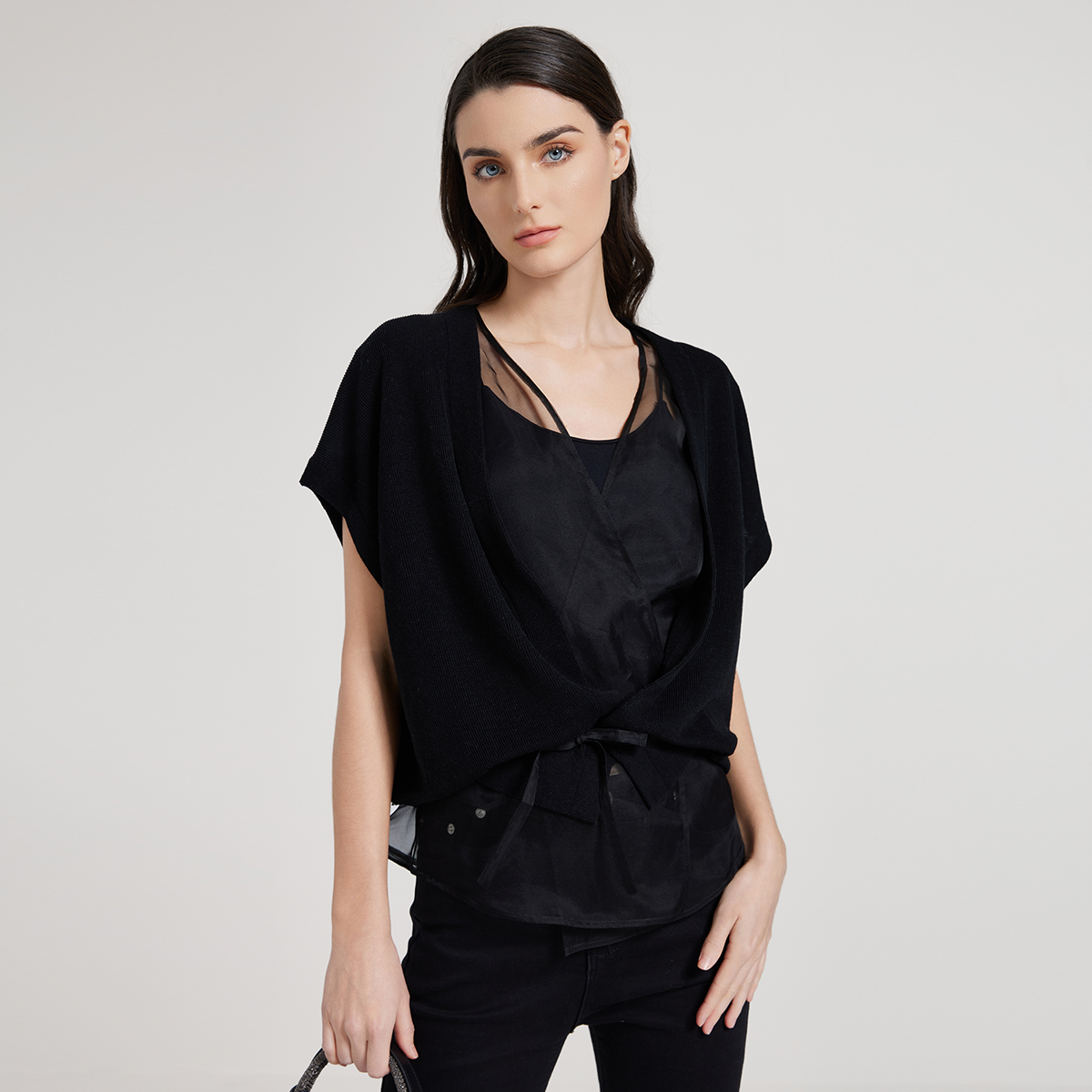 2025 Ladies Silk Lace Panel Translucent Short Sleeve Top