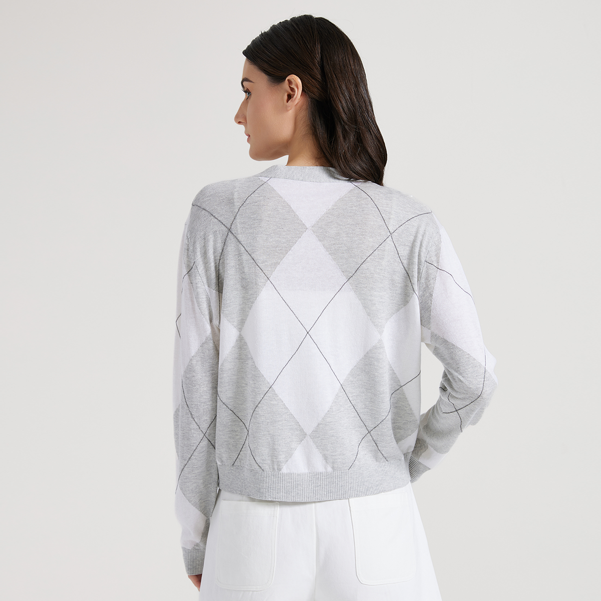 2025 Women Silk Linen Argyle Pattern Cardigan