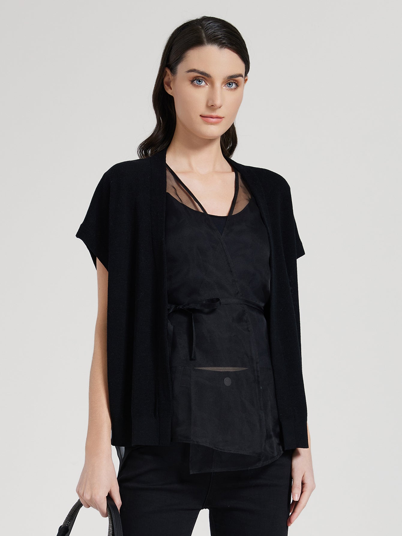 2025 Ladies Silk Lace Panel Translucent Short Sleeve Top